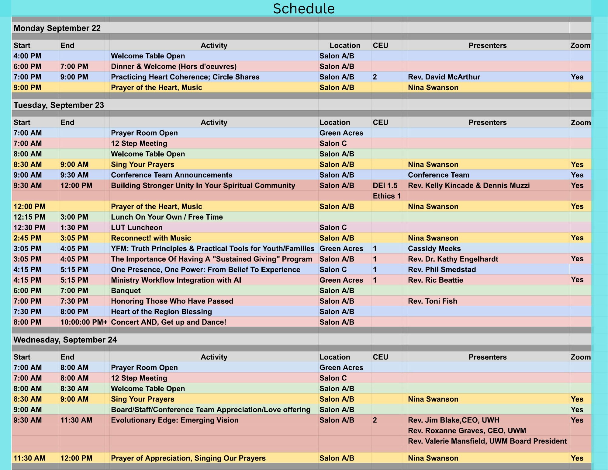 Schedule and CEUs